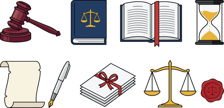 Law and justice system flat vector illustration set featuring judge gavel code books hourglass scroll fountain pen scales and wax seal