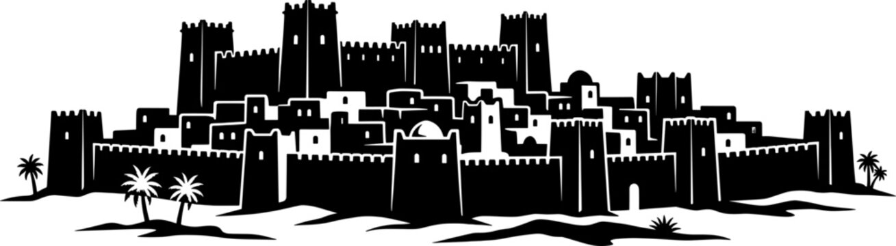 Silhouette of an ancient desert fortress town with palm trees and clay houses