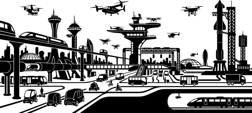 Silhouette of automated shuttle vehicles monorails and drones operating at a modern transport hub