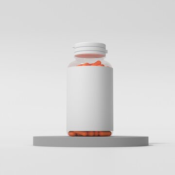 3D Realistic supplement jar bottle with capsule in it placed on a grey podium with white background, Multiple 3D renders od supplement bottle mockup Suppliments,3D suppliments bottle,realistic supplim