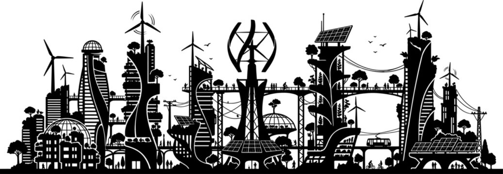 Silhouette of futuristic eco city skyline featuring wind turbines and solar panel buildings