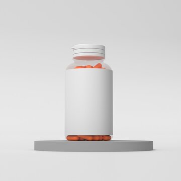 3D Realistic supplement jar bottle with capsule in it placed on a grey podium with white background, Multiple 3D renders od supplement bottle mockup Suppliments,3D suppliments bottle,realistic supplim
