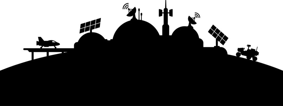 Silhouette of futuristic space colony base with dome structures and solar panels on hill