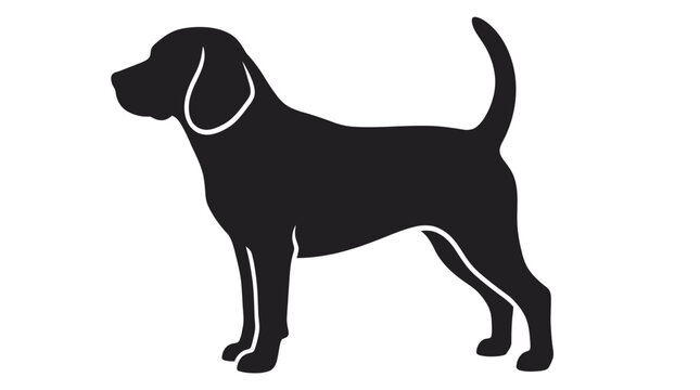 A simple black silhouette of a standing beagle dog featuring clean lines and a minimalist flat vector graphic design style.