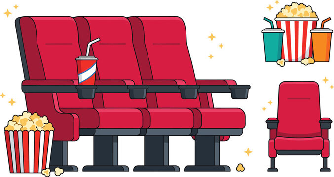 Vector illustration of cinema theater red seats set with buckets of popcorn stripe boxes fizzy soda drinks and single armchair