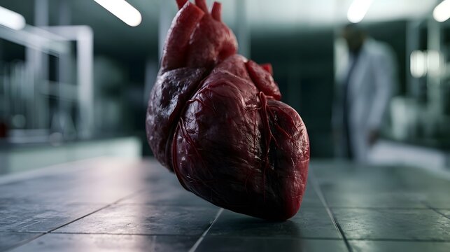 A human heart displayed on a lab table under bright lighting with a blurred scientist figure in background