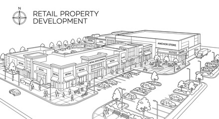 Obraz premium Urban retail property development showcasing modern commercial buildings designed for active public engagement and pedestrian traffic flow Modern commercial complex featuring varied retail storefronts