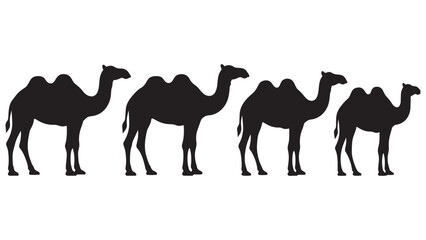 Obraz premium Black and White Silhouette Line Art of Four Camels Walking in a Row - Minimalist Desert Animal Vector Illustration