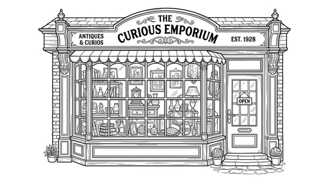 Detailed line drawing of an old general store front with large display windows showcasing various antique items and curios