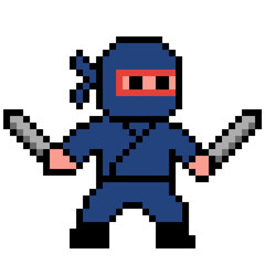 Fototapeta premium 8-bit pixel art ninja warrior with dual katana blades retro game asset