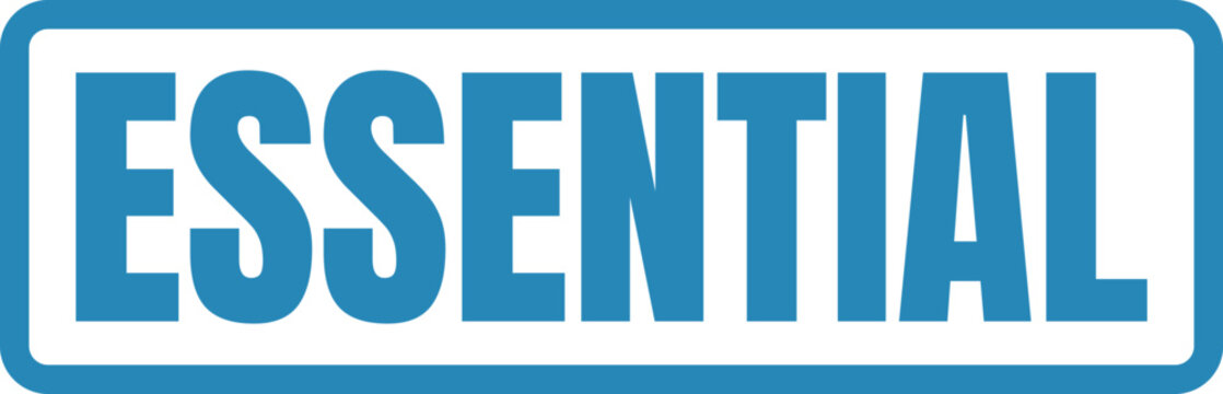 Blue rectangular rubber stamp design featuring the word essential in clear bold capital letter typography