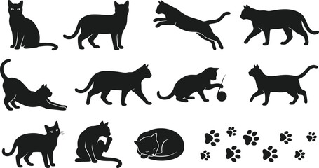 Fototapeta premium Cat Silhouette Collection with Paw Prints - Black Domestic Cat Poses Vector Set Isolated on White Background
