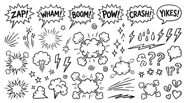 Comic book speech bubbles and sound effects set with explosion clouds and action symbols, perfect for comic book design, graphic illustration and creative pop art projects