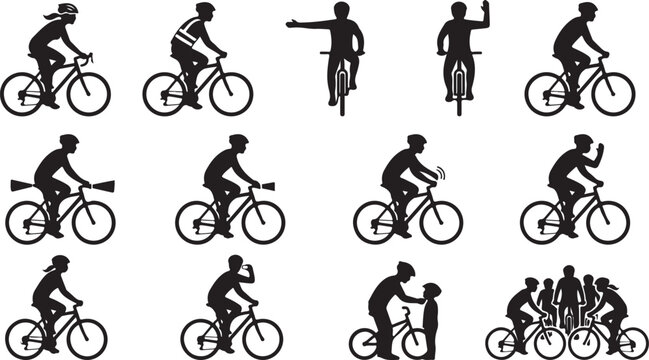 Set of black silhouettes showing cyclists riding bikes, using hand signals, and interacting with children in various road safety scenarios