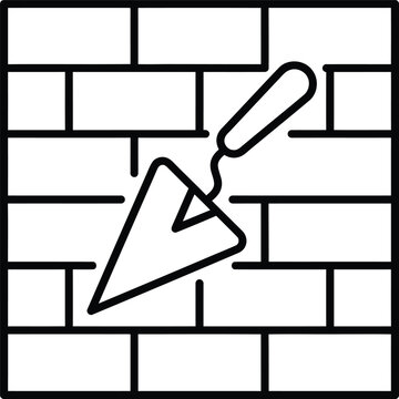 Bricklaying tools trowel on brick wall line icon