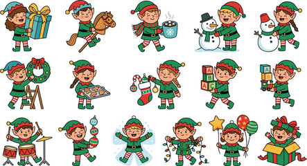 Fototapeta premium Cute Christmas Elf Character Vector Set with Festive Poses Playing Drums Building Snowman and Unwrapping Gifts for Holiday Card Graphic Designs