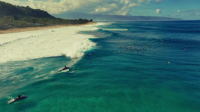 drone shot of surfers at Banzai Pipeline