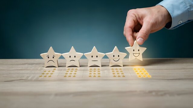 Hand placing a wooden star with a happy face on top of a rating scale, representing excellent customer service and high satisfaction