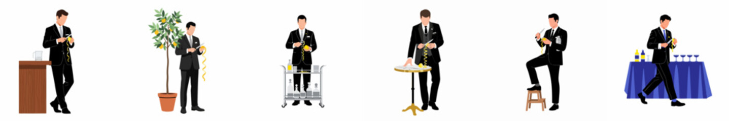 Set of professional bartenders in suits preparing lemon twists for cocktails, minimalist flat vector illustration collection.