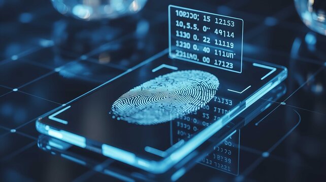 Fingerprint scanning technology displayed on a glowing smartphone screen with futuristic data overlays creating a sleek modern digital security concept