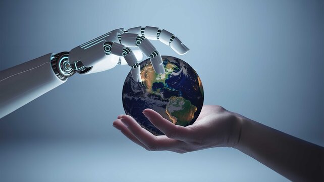 Robotic hand and human hand interacting with glowing planet earth sphere representing global connection and future advanced digital artificial intelligence