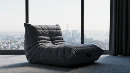 Obraz premium Modern quilted grey lounge chair in a luxury room with city view