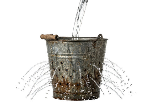 Old metal bucket with holes leaking water isolated on transparent background