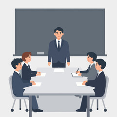 Obraz premium Professional business team having a formal meeting in a modern conference room with a leader presenting to colleagues seated at a large white table against a dark chalkboard background