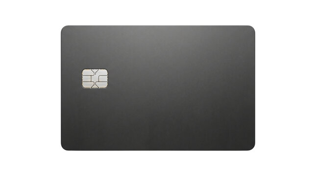 Blank dark grey credit card with chip on transparent background for payment online banking technology transaction security data digital financial concept.