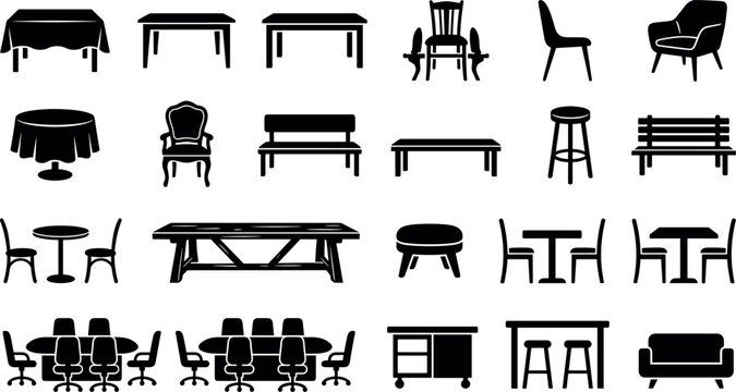Furniture icon vector silhouette set featuring home and office tables chairs benches sofas and bar stools