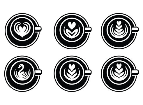 Collection of stylized coffee latte art icons featuring hearts and swan designs isolated on a white background