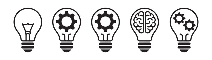 Collection of black linear light bulb icons showing gears and brain symbols for creative process design. © Moni