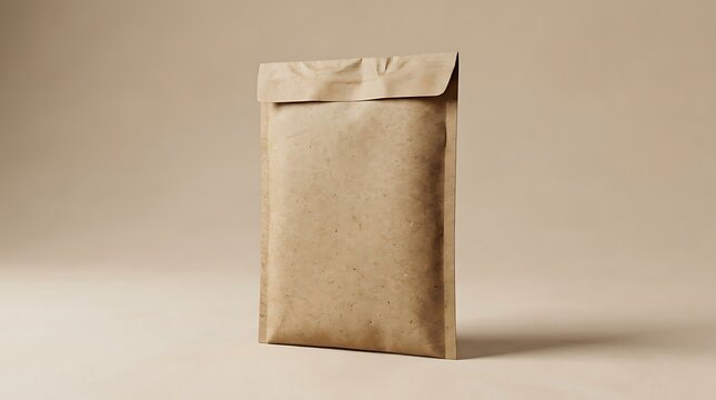 Padded paper mailer envelope closed craft shipping bag for parcel delivery on isolated beige background.