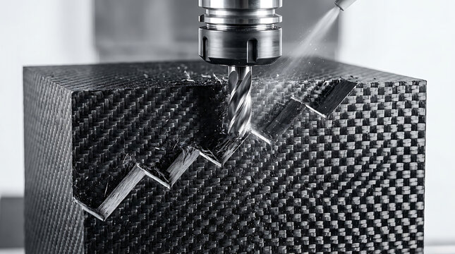 Precision machining of a carbon fiber block using a milling cutter with coolant spray