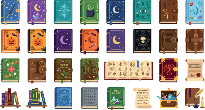 Magic spell book vector icon set with fantasy witchcraft grimoires open manuals scrolls and ancient diaries