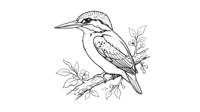 Vintage kingfisher bird line art, hand drawn common kingfisher on tree branch with flowers, black and white wildlife vector illustration for coloring