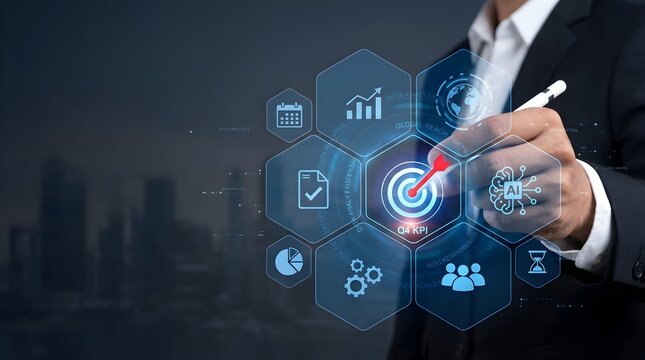 Business Professional Utilizing Interactive Digital Interface for Strategic Goal Achievement and Data Analytics Optimization