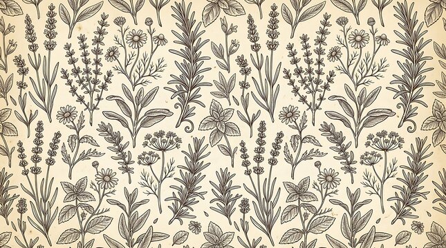 Vintage botanical herb pattern with lavender rosemary and chamomile