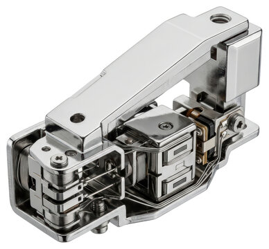 Industrial high precision metal hinge mechanism on transparent background