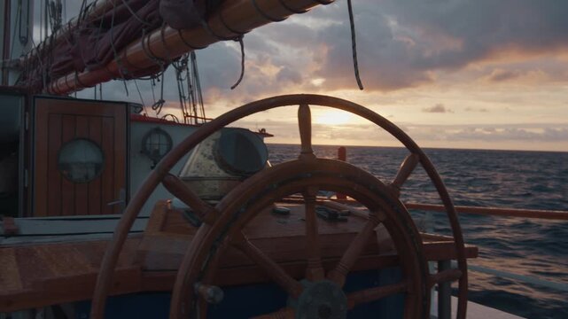 Expeditional sailing vessel moves in the Atlantic Ocean during sunrise
