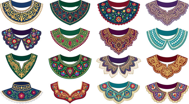 Vintage ornamental collar vector set featuring decorative folk embroidery ethnic necklines lace trims and traditional patterns