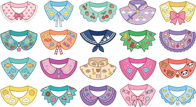Cute kawaii detachable collar vector set featuring decorative clothing necklines with patterns stars animals and sweets