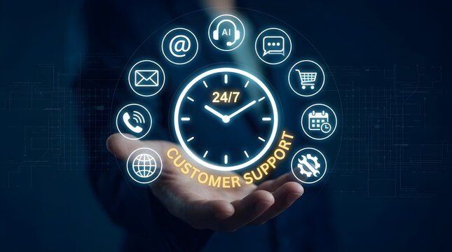 24/7 Customer Support and Service Concept with Digital Interface Icons Displayed Over Human Palm