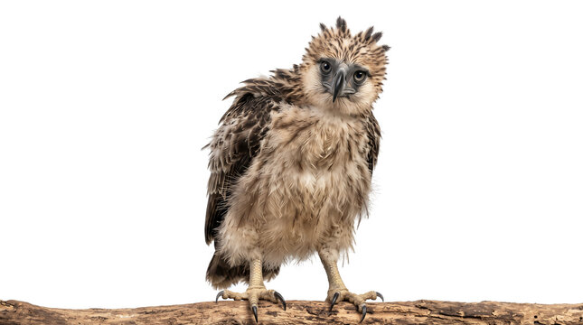 Philippine Eagle with fluffy developing feathers, realistic juvenile appearance, curious expression, isolated white background