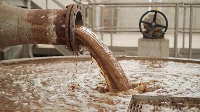 Murky brown liquid pouring from a rusty industrial pipe into a large treatment vat, illustrating wastewater processing or industrial discharge