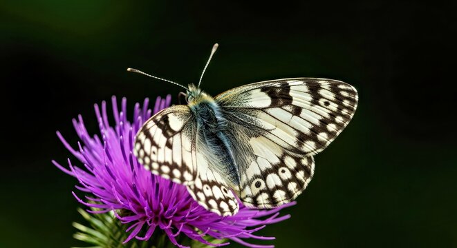 White Spotted Satyr Butterfly Perched on Vibrant Purple Thistle Flower