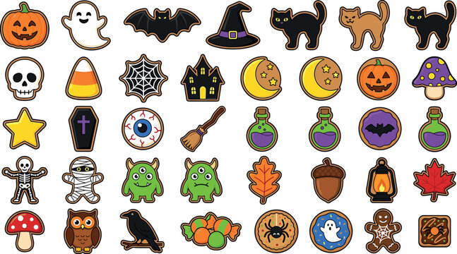 Halloween gingerbread cookie vector icon set with decorated sweet biscuits pumpkin ghost monster skull and bat