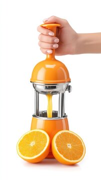 Hand pressing fresh orange juice with a modern citrus squeezer