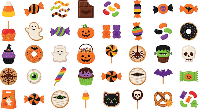 Halloween candy sweet food icon vector set with spooky treats pumpkin lollipop cupcake cookie and chocolate