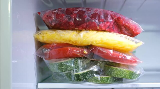 A woman's hand puts ziplock bag with berries into the refrigerator, concept storage.